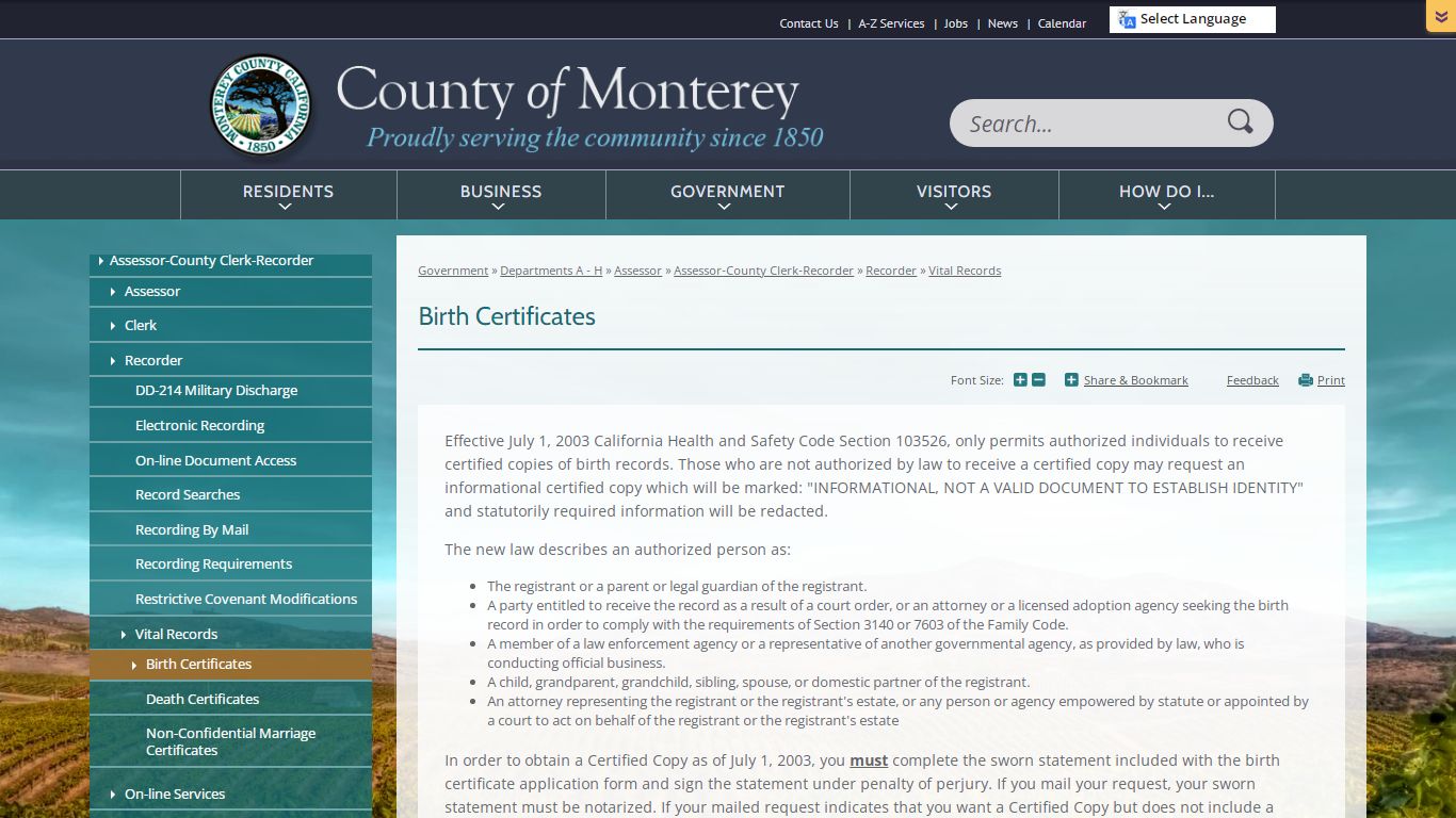 Birth Certificates | Monterey County, CA